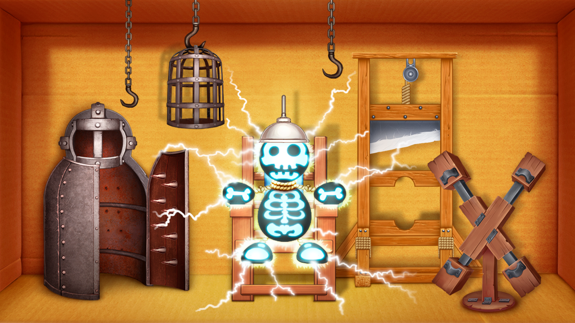 Kick the Buddy oyunundan bir ekran görüntüsü: Buddy'ye lazer ışınlarıyla işkence edilirken.